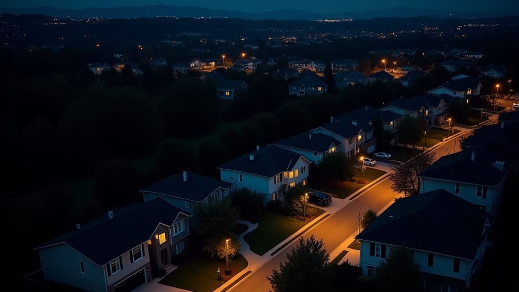 A twilight aerial view of a residential neighborhood after dark, windows and streetlights glowing gold