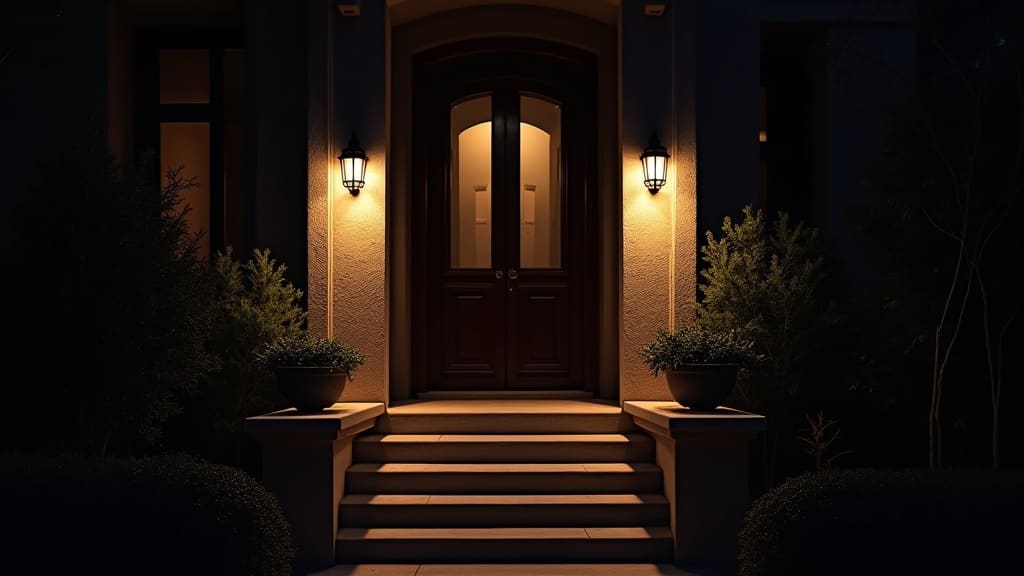 A residential entryway at night, twin lanterns lighting a dark wood double door above stone steps
