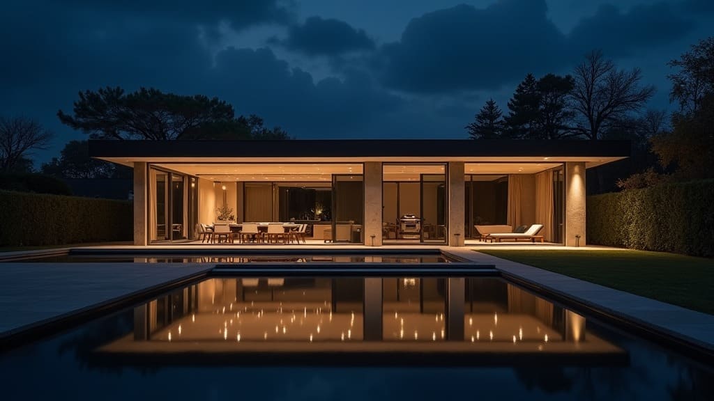 A modern luxury home mirrored in a still pool at dusk, warm interior light spilling out
