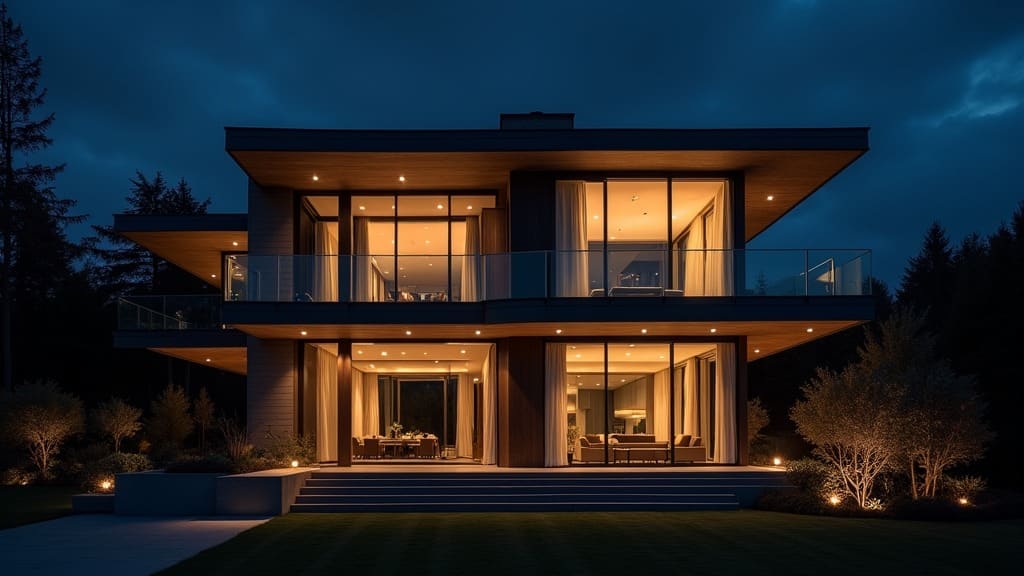 A two-story modern luxury home at dusk, every window glowing warm gold under a deep night sky