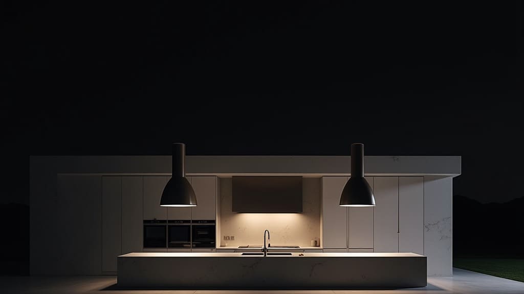A minimalist kitchen at night, three pendant lights glowing over a pale stone island