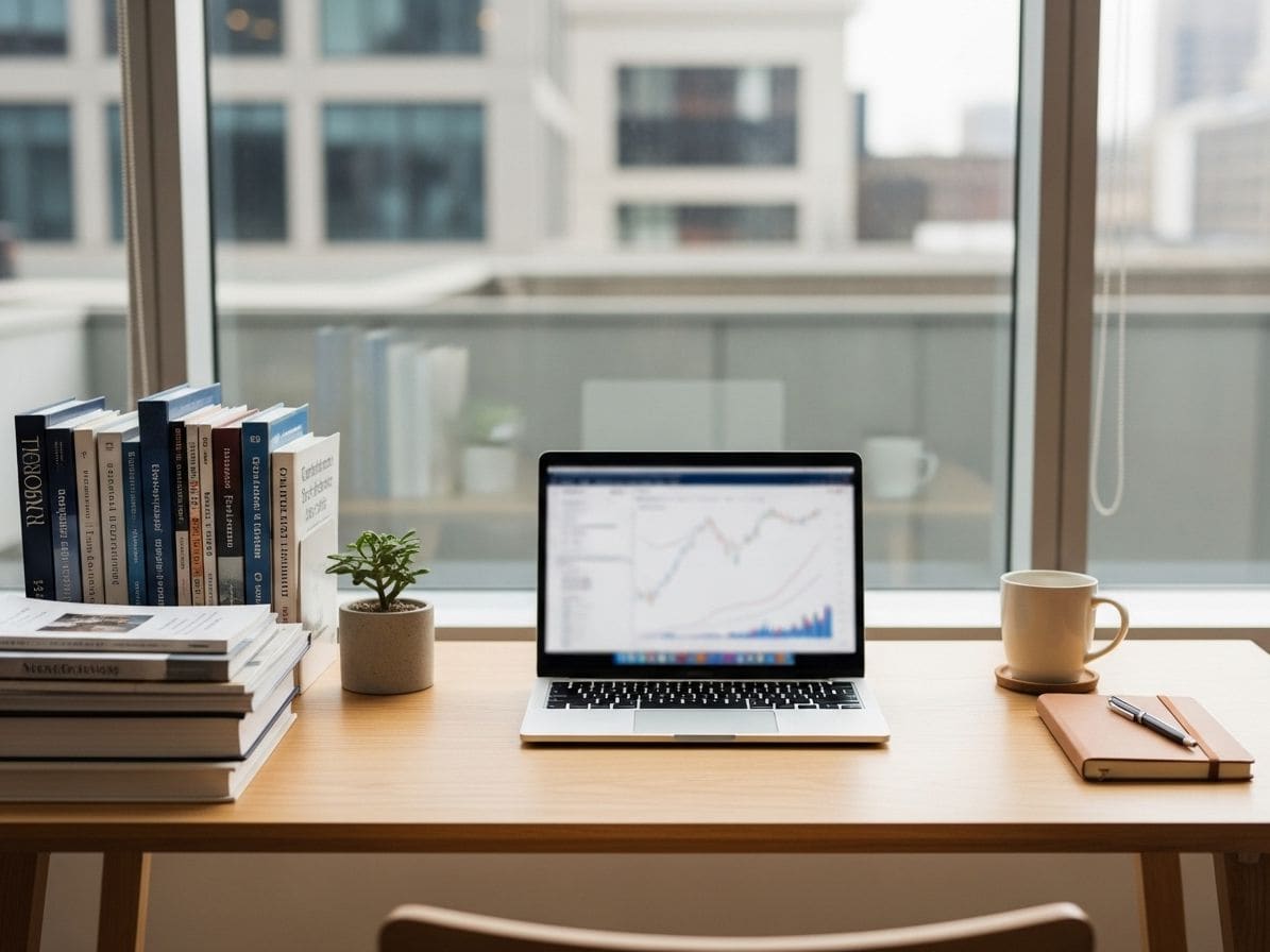 A tidy home desk with a laptop showing charts, a stack of books, a notebook, and a cup of coffee by a window