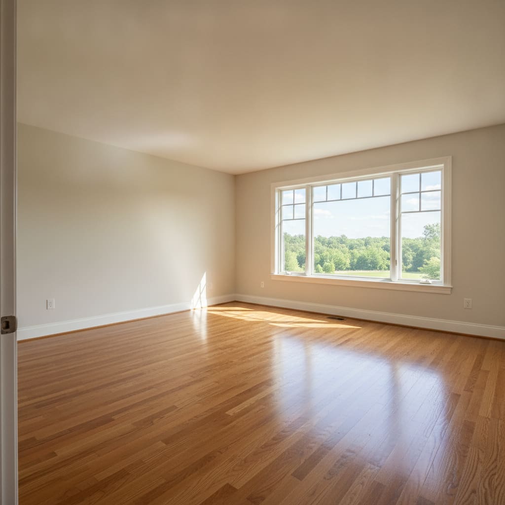 A bright empty room with glossy hardwood floors and a wide triple window onto a lawn