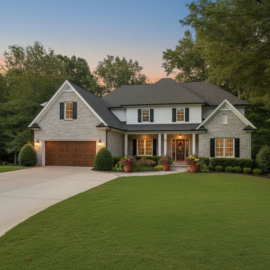 A two-story stone-and-siding home at dusk with warm-lit windows and flowering planters