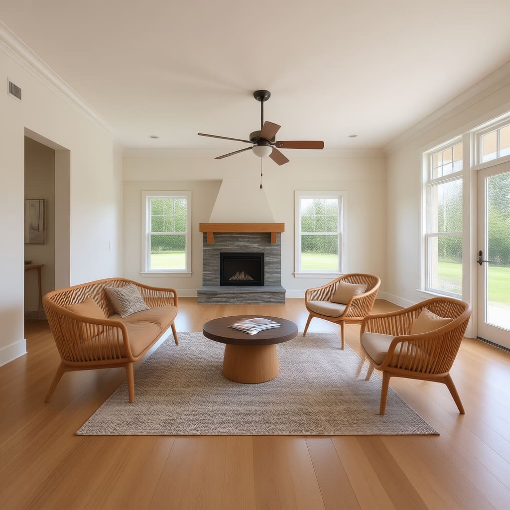 A staged living room with woven rattan seating around a stone-faced fireplace