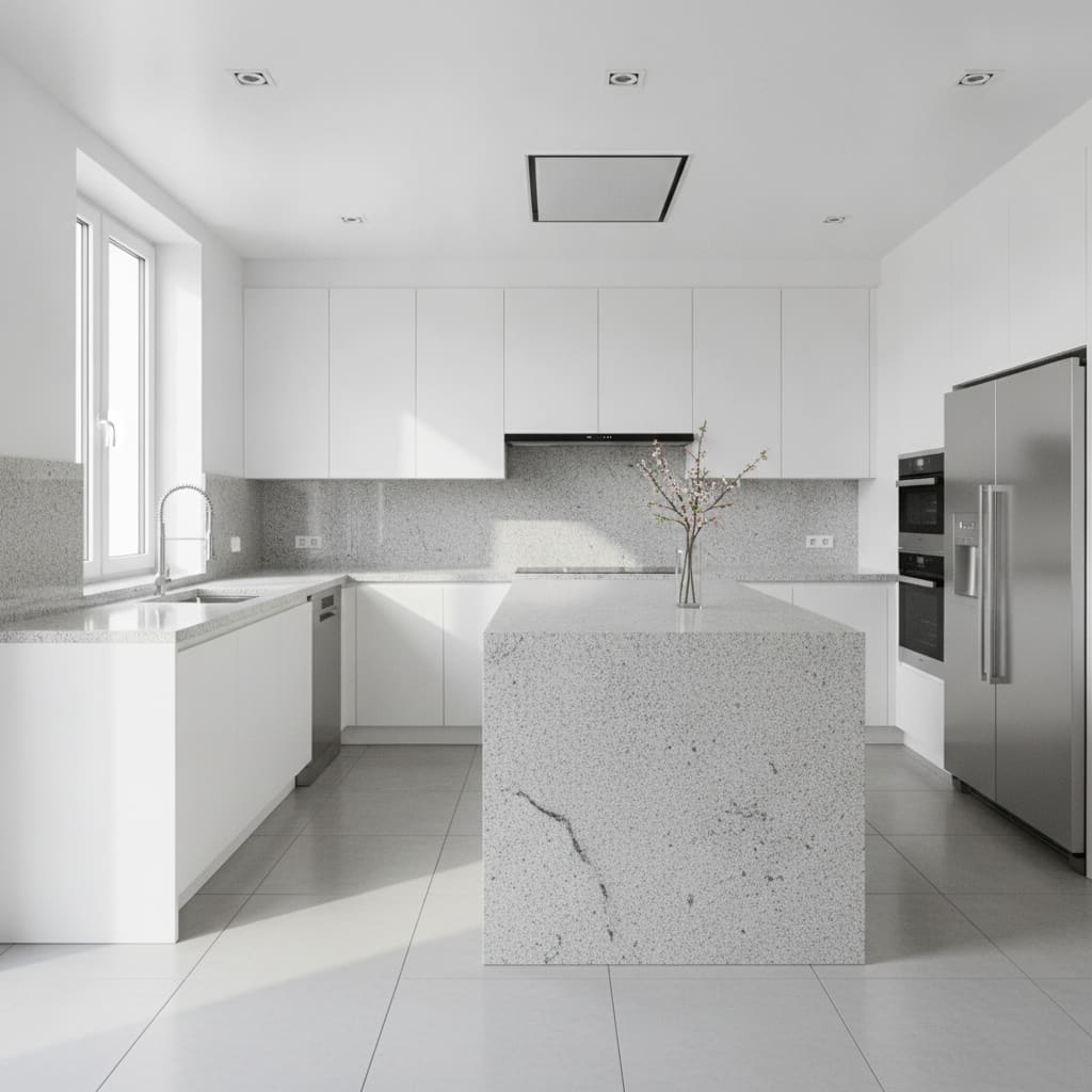 A bright all-white kitchen with a speckled-stone waterfall island and stainless appliances