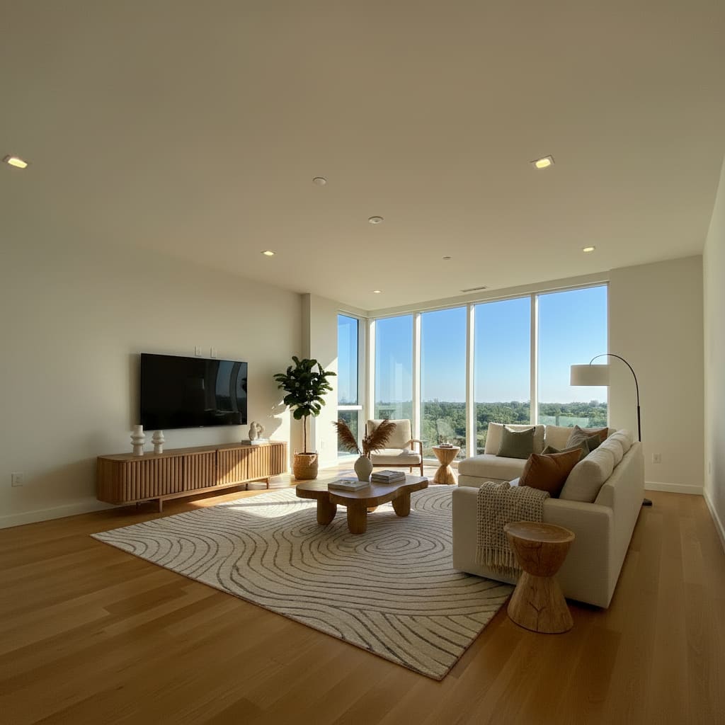 A staged living room with a cream sofa and floor-to-ceiling corner windows over a treeline