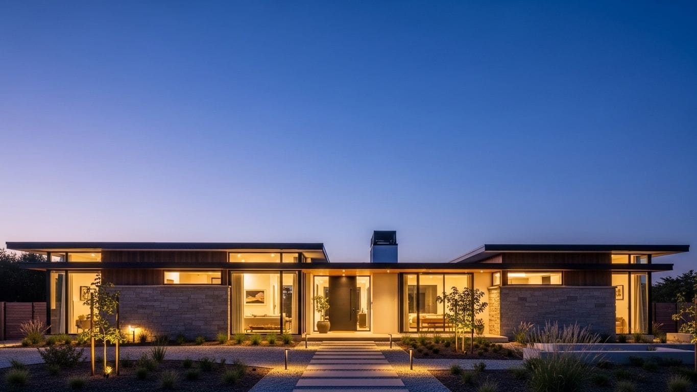 A single-story modern home lit warmly from within at dusk, with a lit stone path to the front door