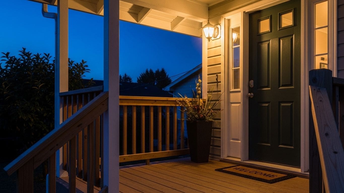 A lit front porch and doorway at dusk, warm lamplight against a darkening evening sky