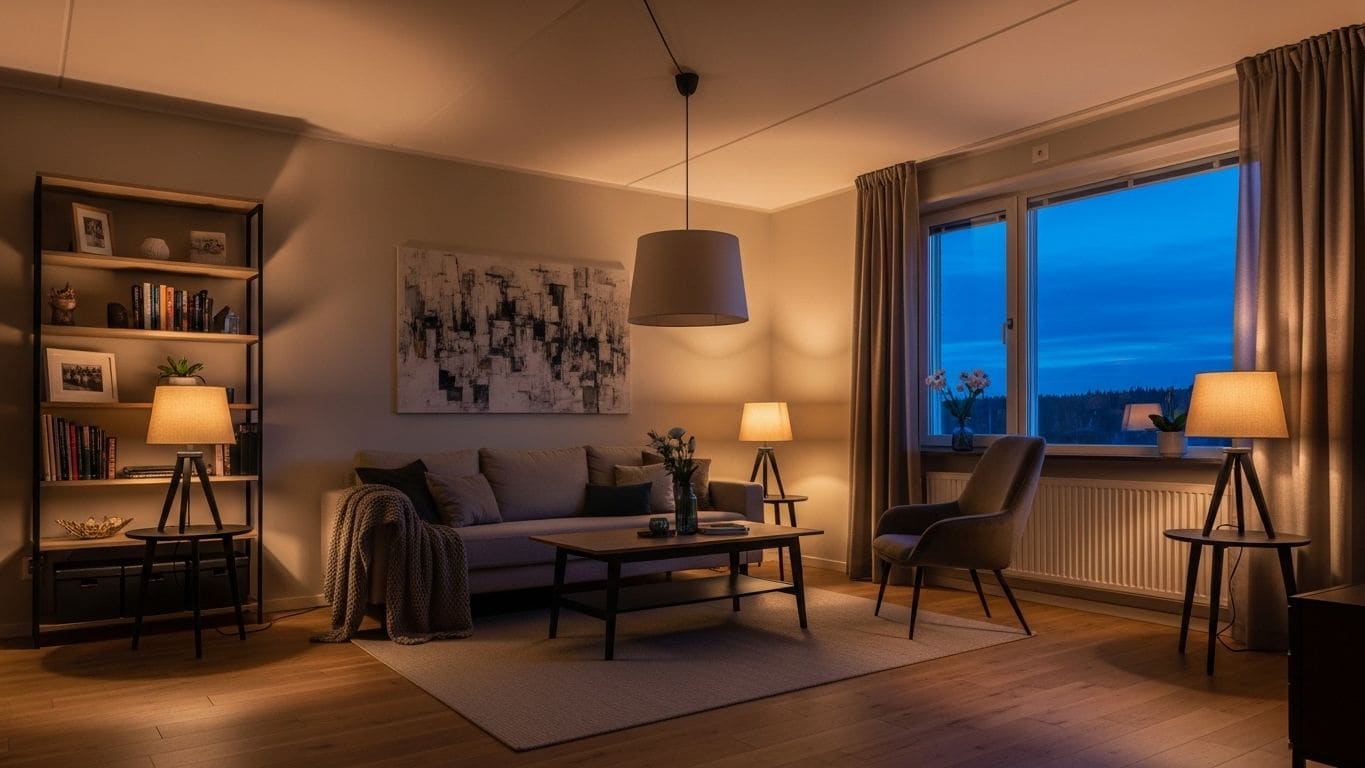 A living room lit only by lamps at dusk, with a sofa, an armchair, and a wide window showing a fading evening sky
